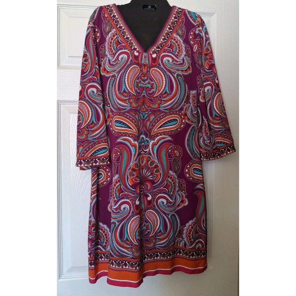 Purple Paisley Dress Laundry by Shelli Segal Small Flare Sleeve Boho Chic Retro